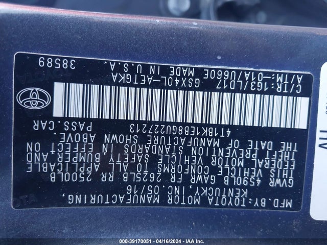 Toyota AVALON XLE 2016 4T1BK1EB8GU227213 Image 9