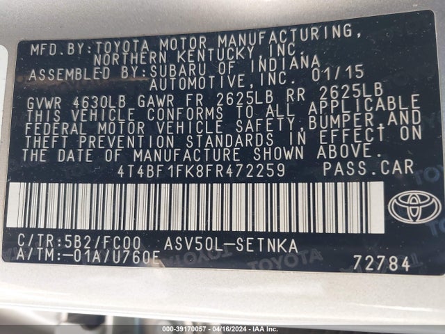 Toyota CAMRY LE 2015 4T4BF1FK8FR472259 Image 9