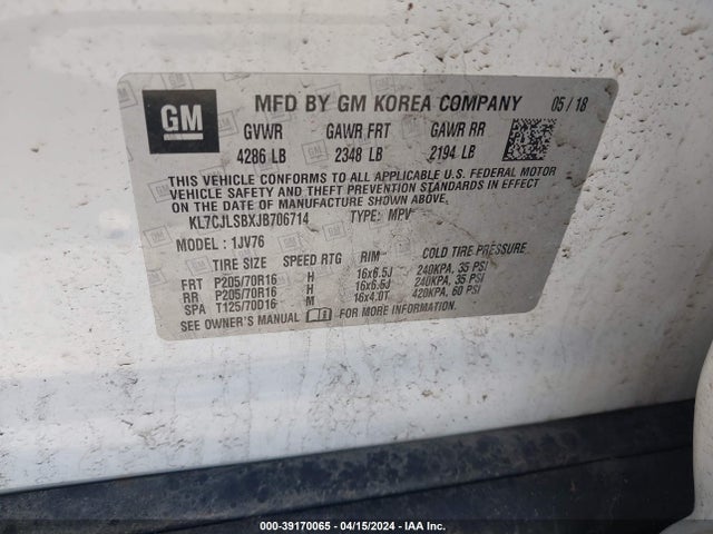 Chevrolet Trax Lt 2018 KL7CJLSBXJB706714 Image 9