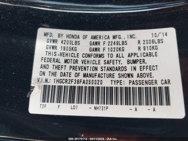 Honda ACCORD LX 2015 1HGCR2F36FA050020 Image 9