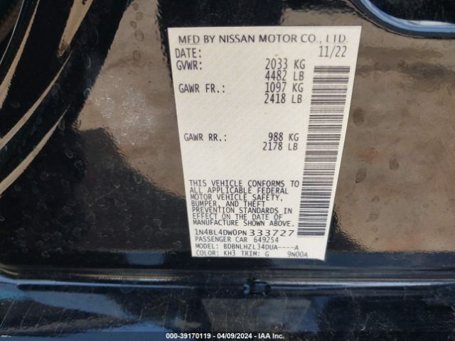 1N4BL4DW0PN333727 Nissan Altima Sv Intelligent Awd