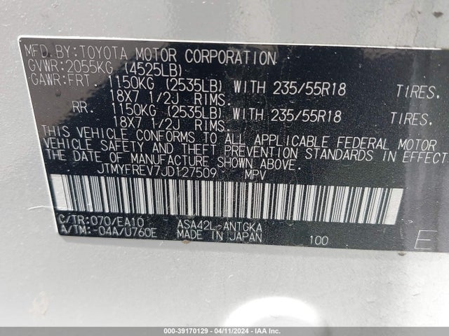 Toyota Rav4 Limited 2018 JTMYFREV7JD127509 Image 9