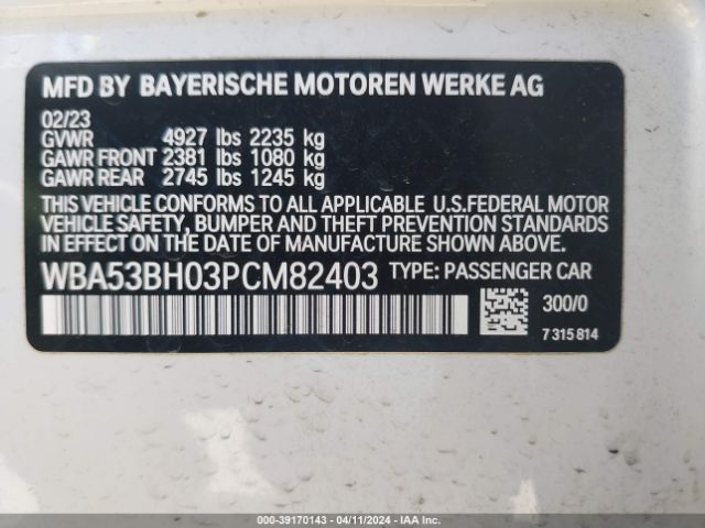 WBA53BH03PCM82403 BMW 530 I