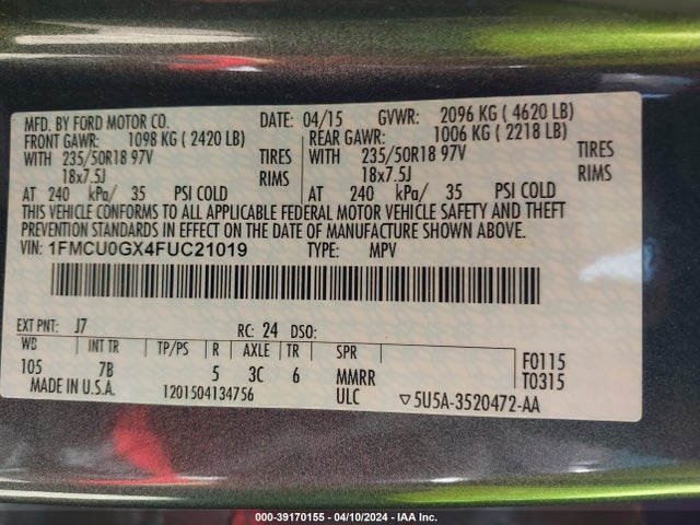 Ford ESCAPE SE 2015 1FMCU0GX4FUC21019 Image 9