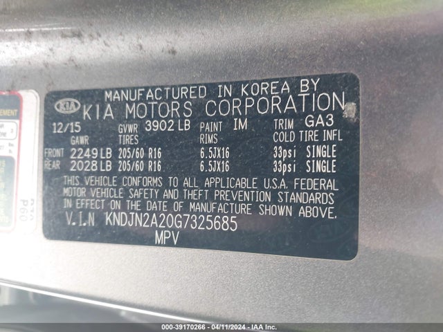 Aukcja sprzedaży 2016 Kia Soul, vin: KNDJN2A20G7325685, numer aukcji: 39170266