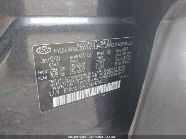 5NMS23AD6LH216008 Hyundai Santa Fe Se