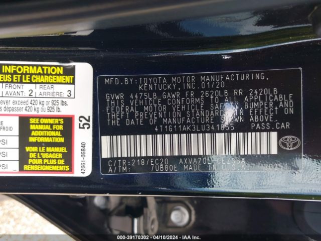 4T1G11AK3LU341855 Toyota Camry Se Nightshade Edition