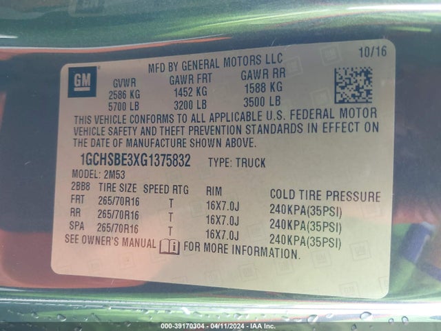 Chevrolet Colorado Wt 2016 1GCHSBE3XG1375832 Image 9