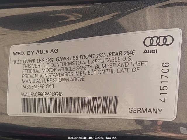 WAUFACF50PA019645 Audi A5 Sportback Premium Plus 45 Tfsi S Line Quattro S Tronic