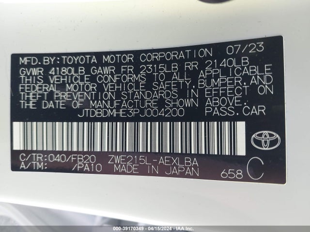 Toyota Corolla Hybrid Le 2023 JTDBDMHE3PJ004200 Image 9