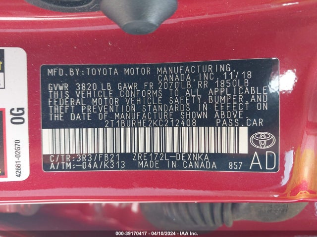Toyota COROLLA LE 2019 2T1BURHE2KC212408 Image 9
