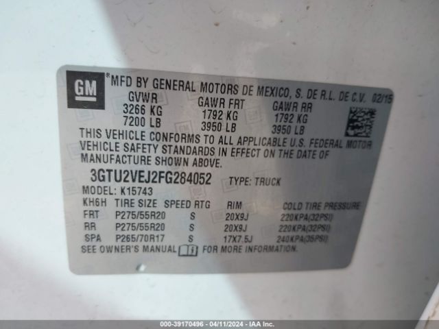 3GTU2VEJ2FG284052 GMC Sierra 1500 Slt