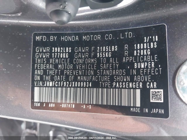Honda Civic Touring 2018 JHMFC1F92JX009934 Image 9