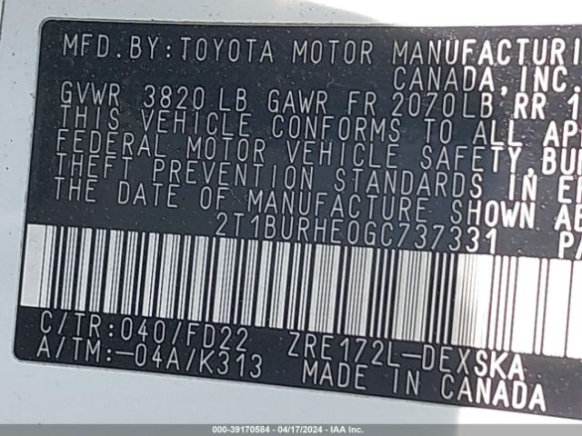 2T1BURHE0GC737331 Toyota Corolla S Plus