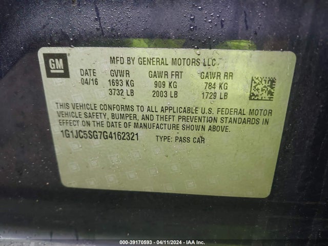 Chevrolet Sonic Lt Auto 2016 1G1JC5SG7G4162321 Image 9