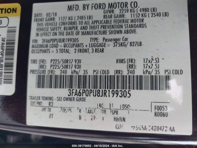 3FA6P0PU8JR199305 Ford Fusion Energi Se Luxury