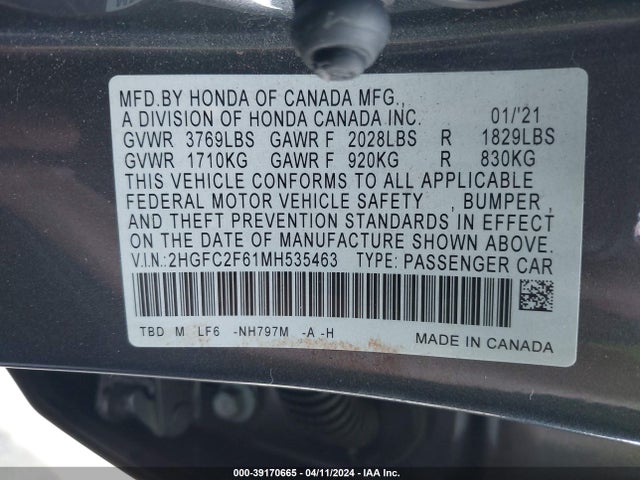 Honda Civic Lx 2021 2HGFC2F61MH535463 Image 9