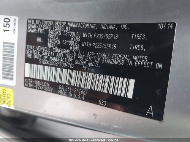 Toyota Sienna Xle 7 Passenger 2015 5TDDK3DC6FS094702 Image 9