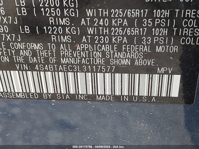Subaru Outback Premium 2020 4S4BTAEC3L3117577 Image 9