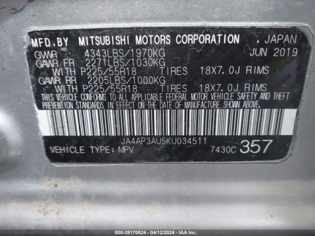 JA4AP3AU5KU034511 Mitsubishi Outlander Sport 2.0 Es