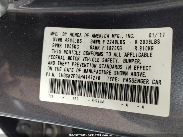Honda ACCORD LX 2017 1HGCR2F30HA147278 Image 9
