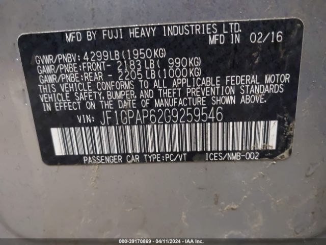 JF1GPAP62G9259546 Subaru Impreza 2.0i Sport Premium