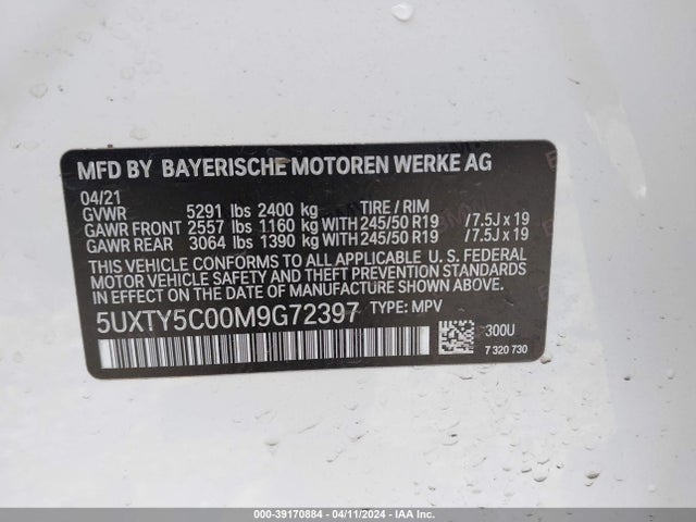 5UXTY5C00M9G72397 BMW X3 Xdrive30i