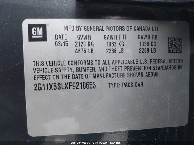 Chevrolet Impala 1fl 2015 2G11X5SLXF9218653 Image 9