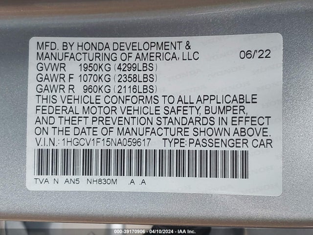 Honda ACCORD LX 2022 1HGCV1F15NA059617 Image 9