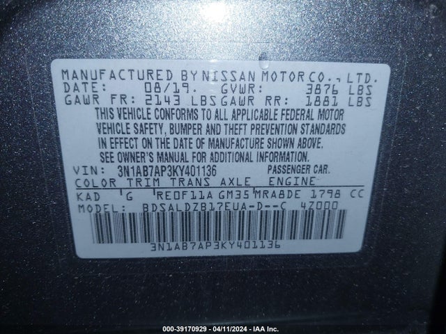 Nissan SENTRA SV 2019 3N1AB7AP3KY401136 Image 9