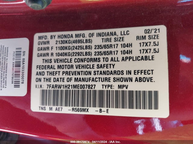 Honda Cr-v 2wd Lx 2021 7FARW1H21ME007827 Image 9