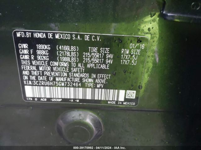 3CZRU6H75GM732464 Honda Hr-v Ex-l