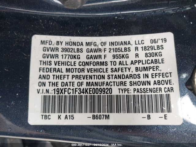 Honda CIVIC EX 2019 19XFC1F34KE009920 Image 9