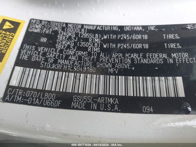 Toyota Highlander Xle V6 2014 5TDJKRFH1ES049180 Image 9
