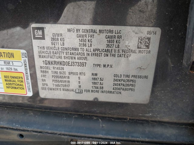 Chevrolet Traverse 2lt 2014 1GNKRHKD0EJ373397 Image 9