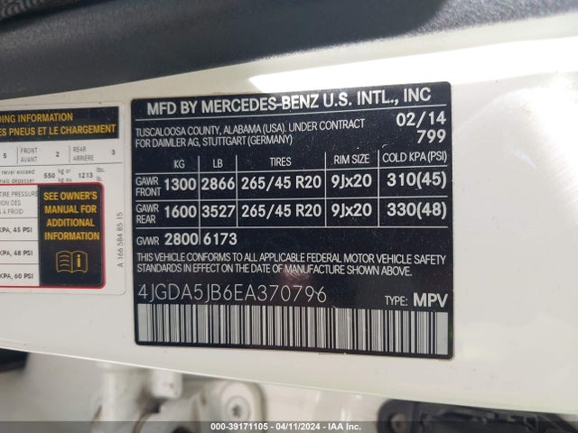 Mercedes-Benz ML 350 2014 4JGDA5JB6EA370796 Image 9