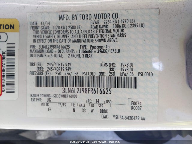 3LN6L2J98FR616625 Lincoln MKZ