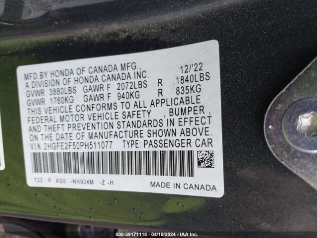2HGFE2F50PH511077 Honda Civic Sport