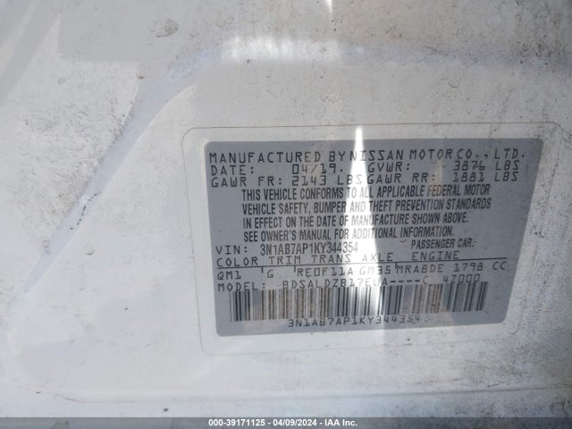 Nissan SENTRA SV 2019 3N1AB7AP1KY344354 Image 9