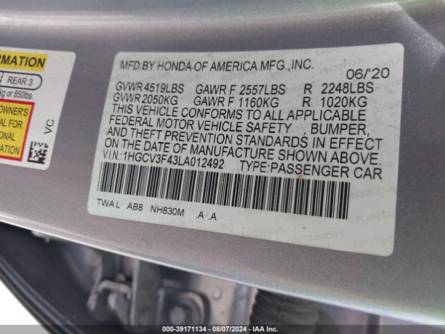 1HGCV3F43LA012492 Honda Accord Hybrid Ex