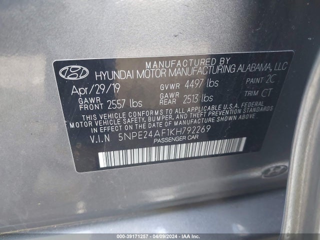 Hyundai SONATA SE 2019 5NPE24AF1KH792269 Image 9