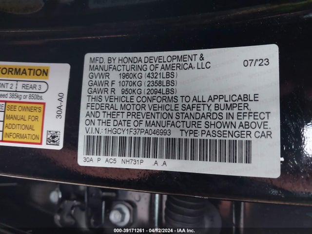 Honda ACCORD EX 2023 1HGCY1F37PA046993 Image 9