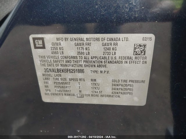 Chevrolet EQUINOX 1LT 2015 2GNALBEK6F6291886 Image 9