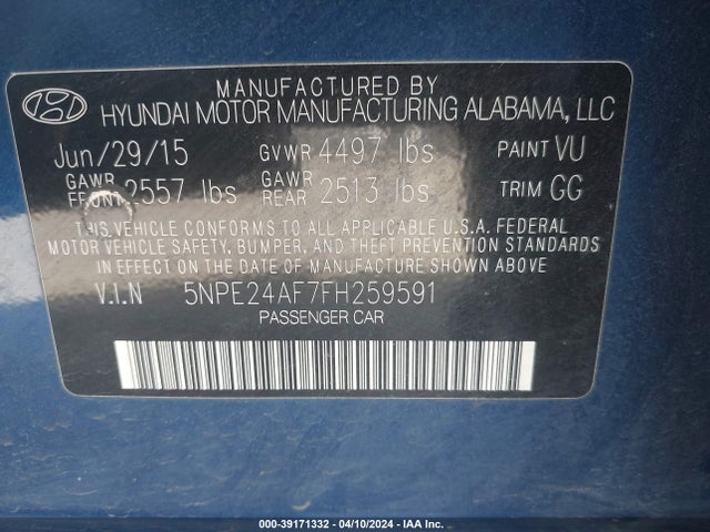 Hyundai SONATA SE 2015 5NPE24AF7FH259591 Image 9