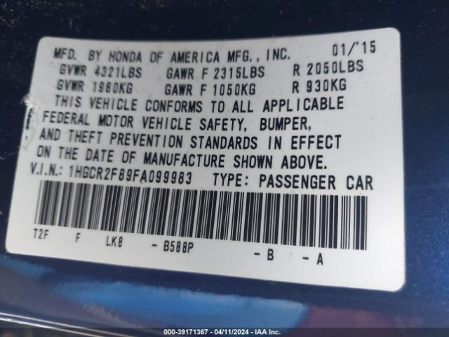 1HGCR2F89FA099983 Honda Accord Ex-l