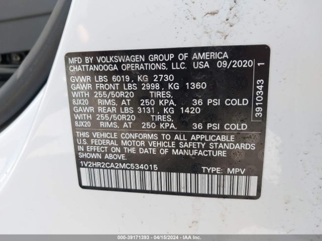 1V2HR2CA2MC534015 Volkswagen Atlas 3.6l V6 Se W/technology