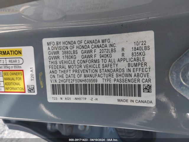 2HGFE2F50NH609569 Honda Civic Sport