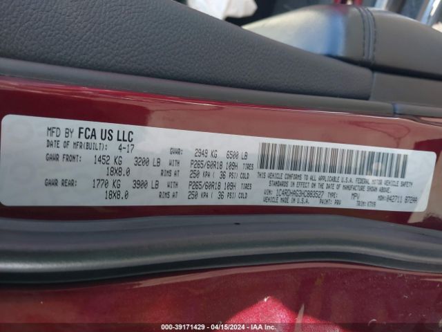 1C4RDHAG3HC883527 Dodge Durango Sxt Rwd