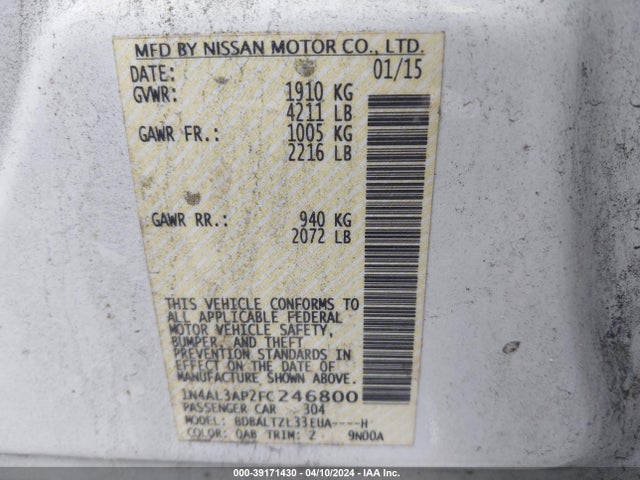 Nissan Altima 2.5 Sl 2015 1N4AL3AP2FC246800 Image 9