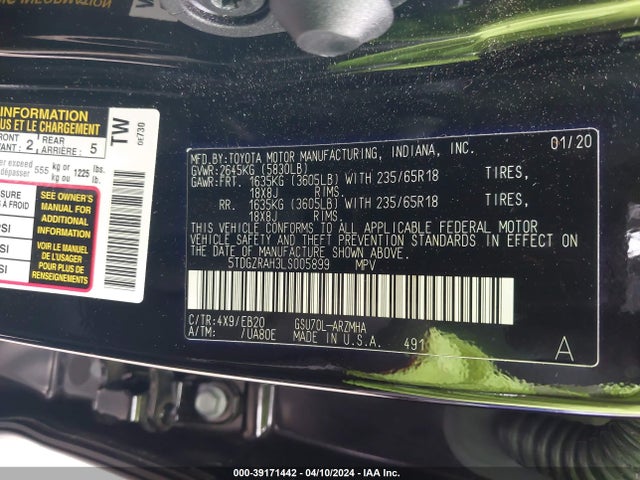 Toyota Highlander Xle 2020 5TDGZRAH3LS005899 Image 9